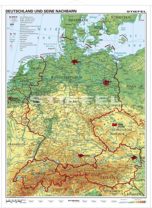 Wandkarte Deutschland und seine Nachbarländer, physisch, 120x160 cm, 